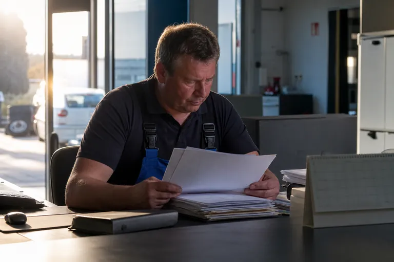Mitarbeiter eines Autohauses prüft Rechnungsunterlagen im vertraulichen Rahmen.