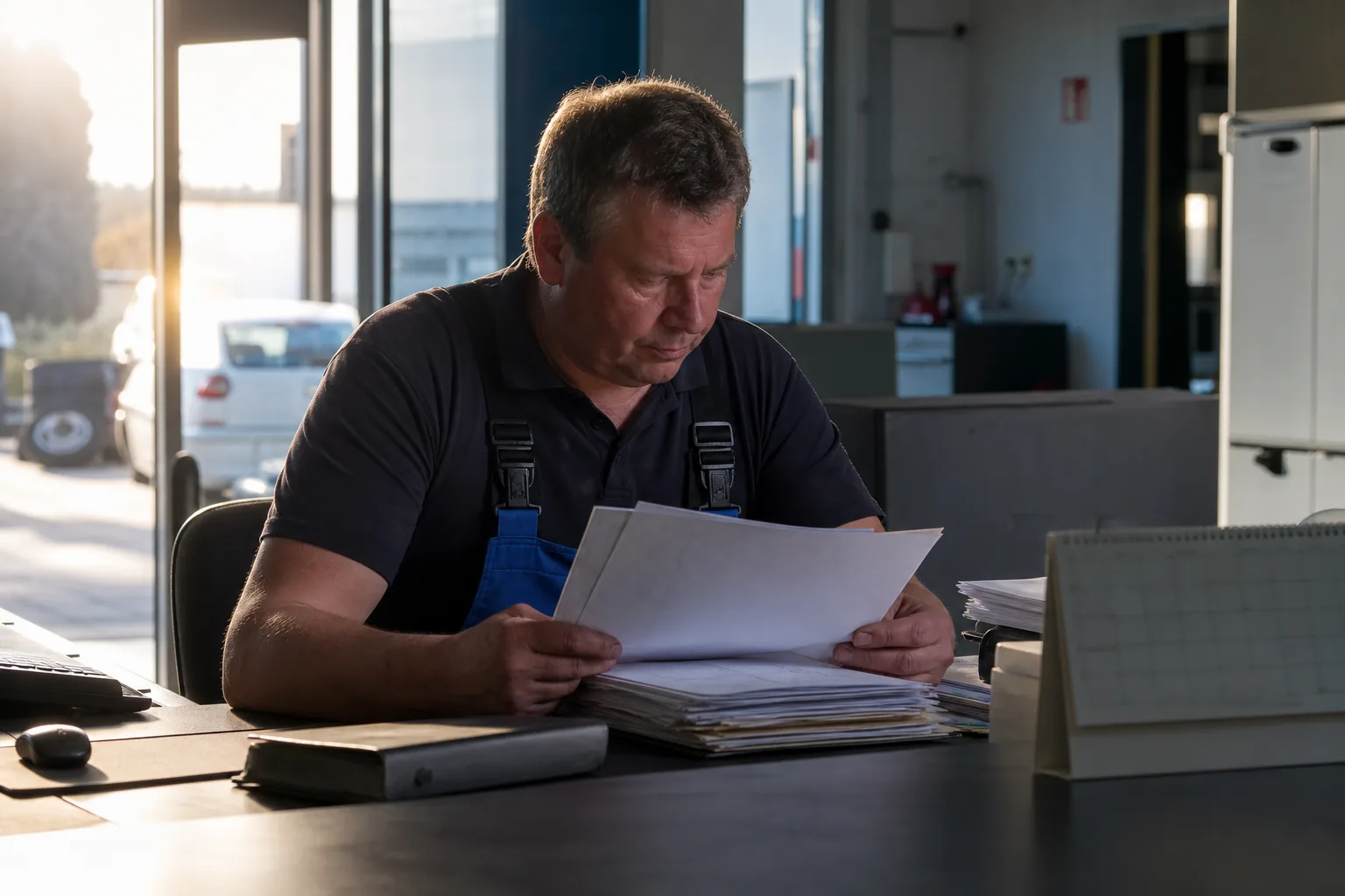 Mitarbeiter eines Autohauses prüft Rechnungsunterlagen im vertraulichen Rahmen.