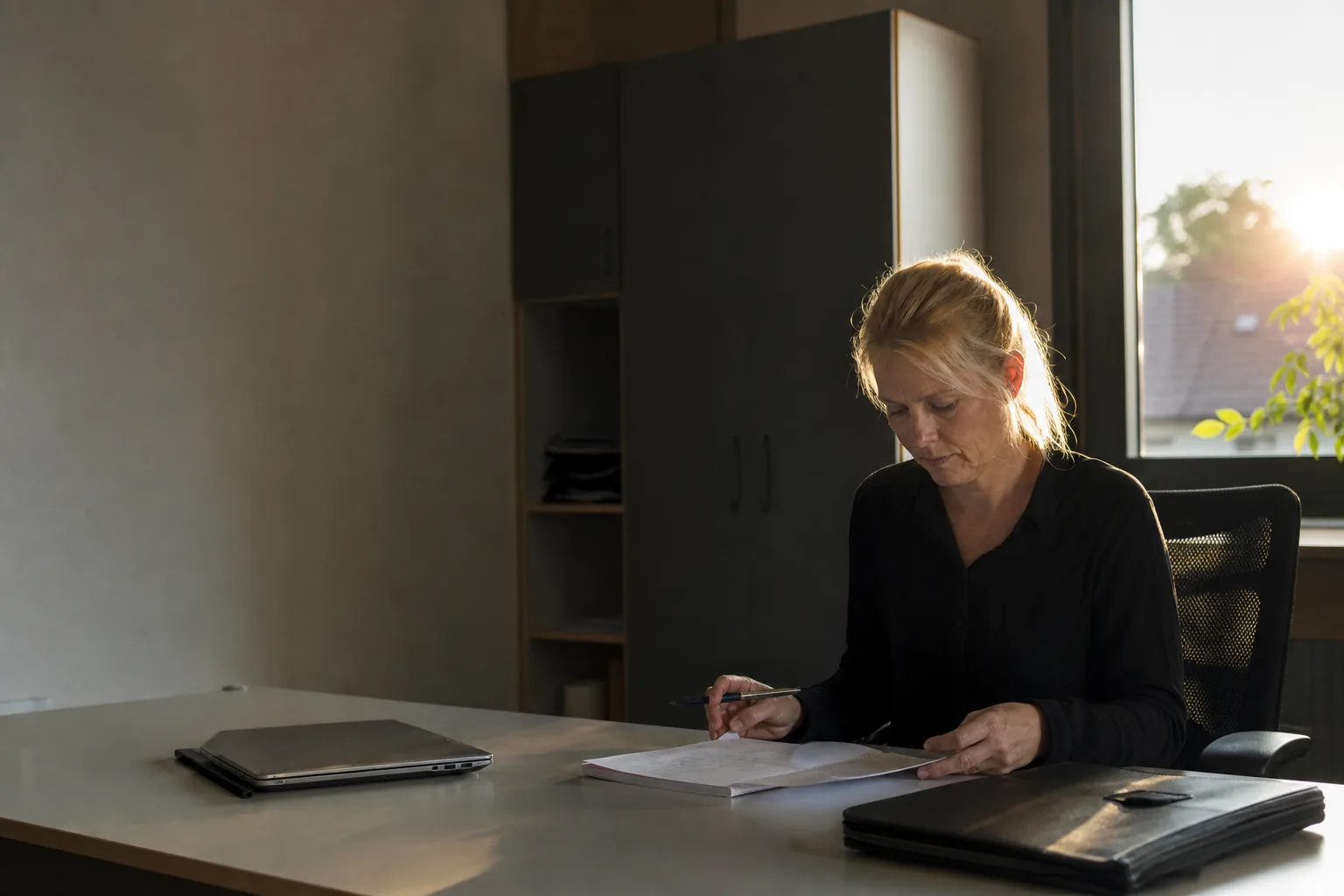 Compliance-Verantwortliche prüft Kalender und verschlossene Aktenmappe am Schreibtisch